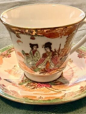 Asian Porcelain Tea Cup & Saucer Set with Gold Trim - White, Green, Pink